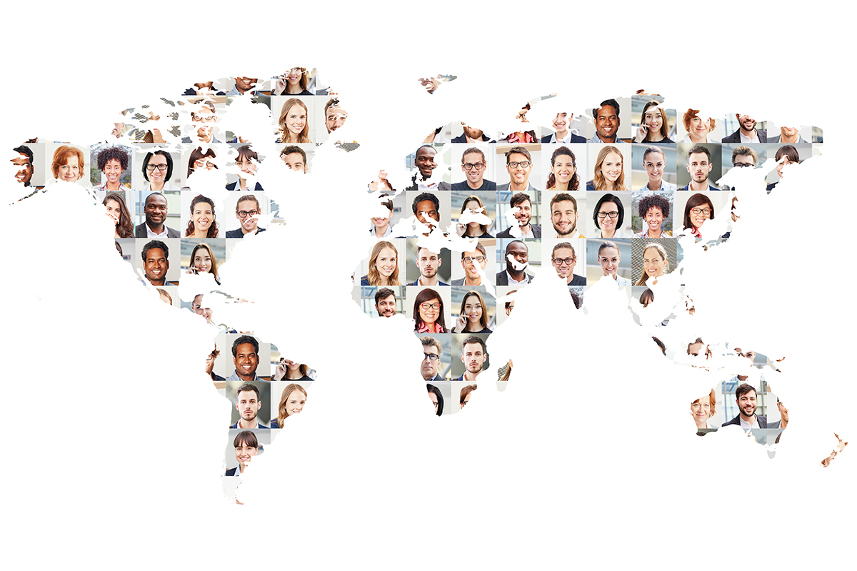 A map of the world with many faces