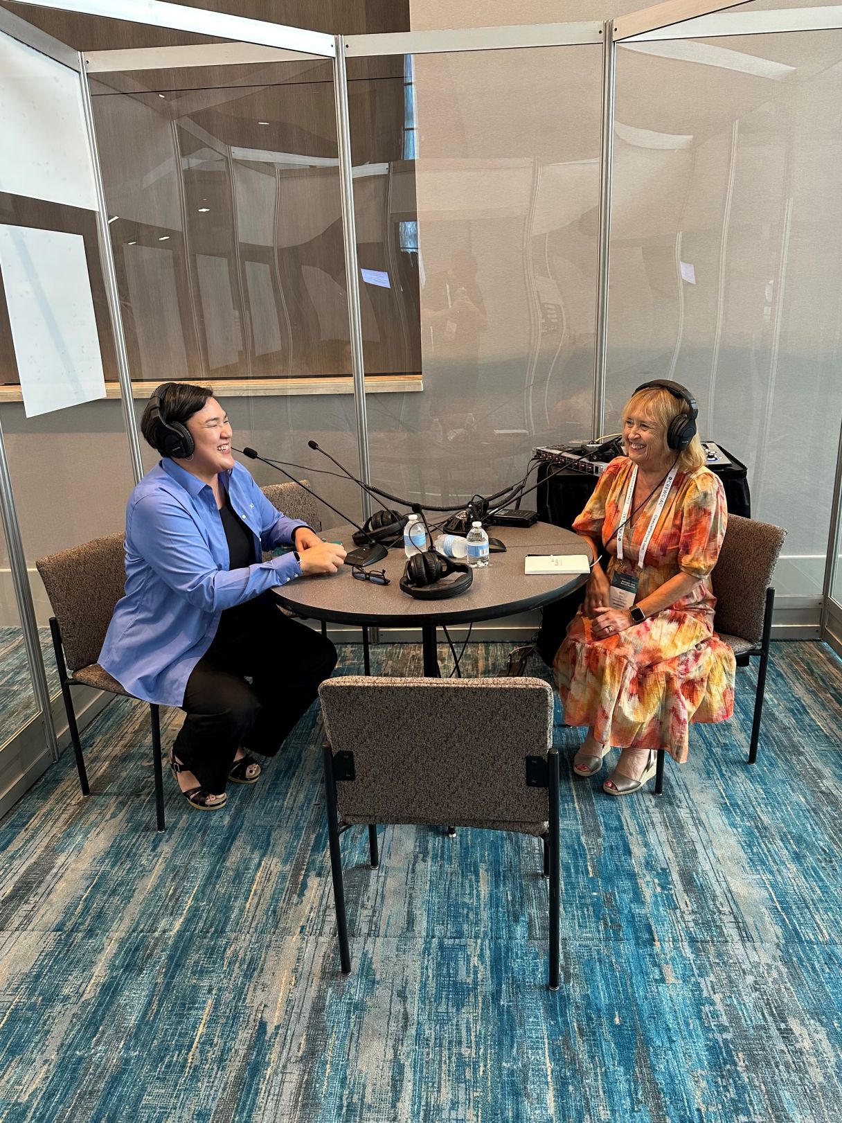 Ann and Liz recording Nacubo podcast in the booth